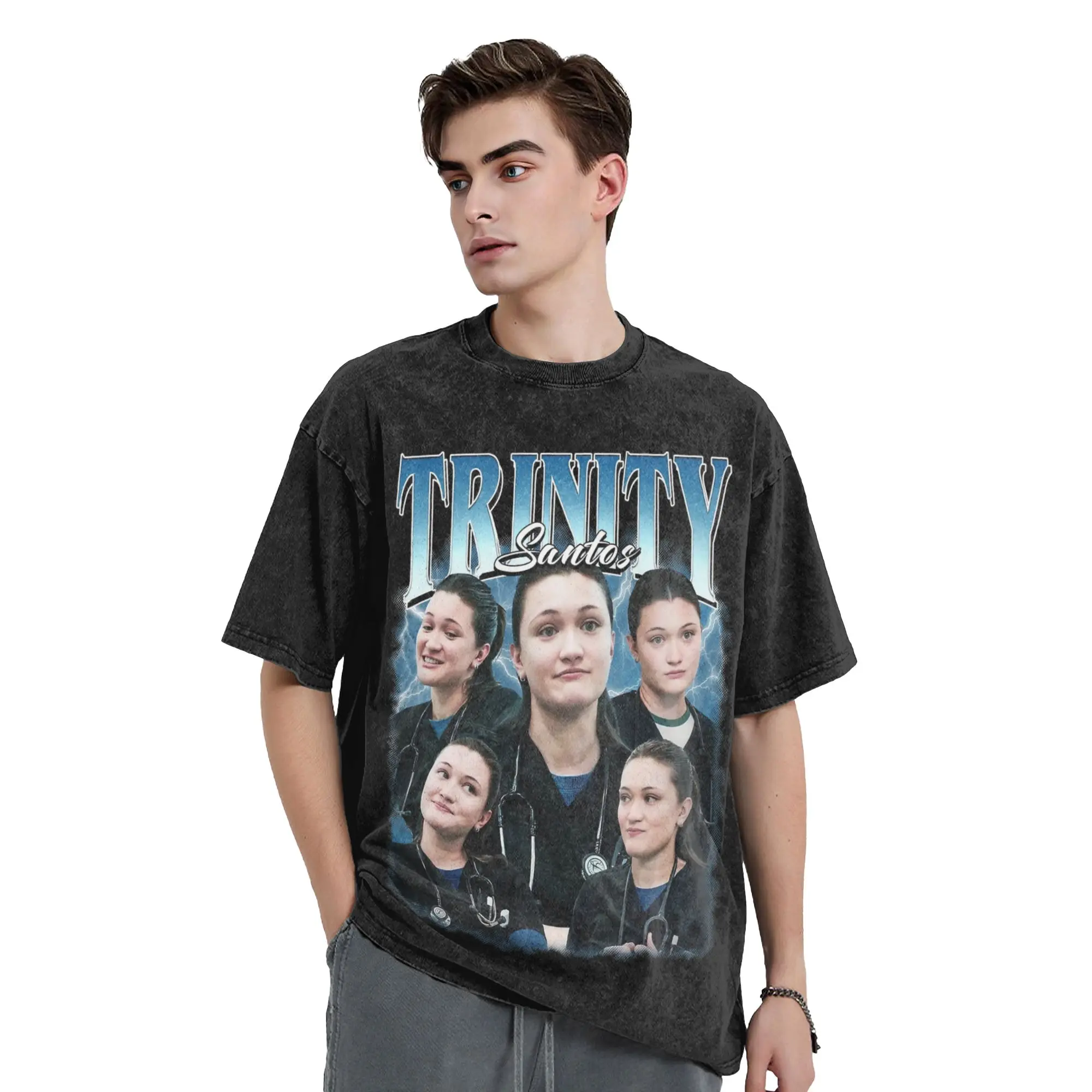 Trinity Santos Bootleg The Pitt Tv Show Washed T Shirts Streetwear Hip Hop Vintage T-Shirt Tees Tops Men 100% Cotton Oversize