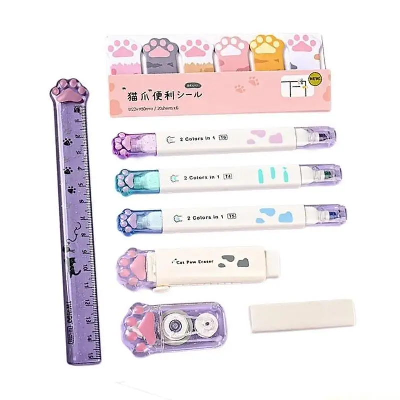 Cats Paws School Stationery Set with Pen Case Ruler Highlighter Pen Retractable Eraser White Correction Tape Index Label