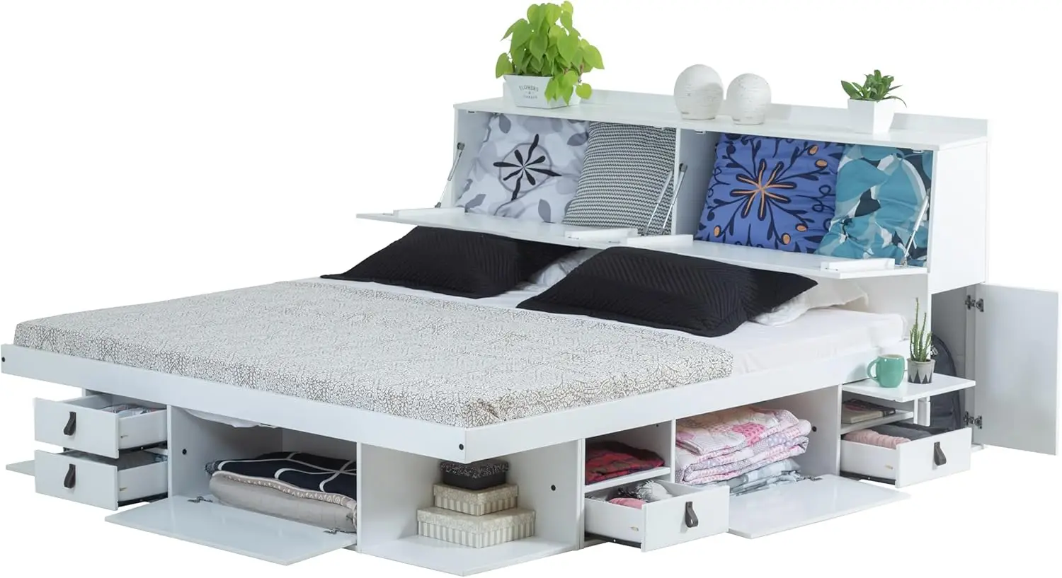 memomad Bali Storage Set: Storage Platform Bed with Drawers + Storage Headboard (King Size, White Wood)