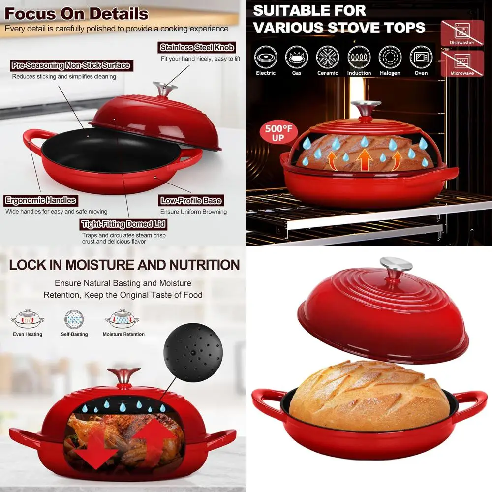 

Enameled 6 Qt Dutch Oven with Tall Dome Lid, Self-Basting, Even Heat, Heavy-Duty, Non-stick, Red