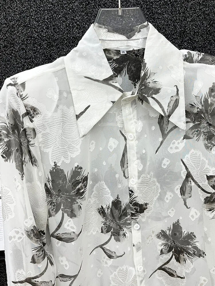 Summer 2024 Mesh Printed Shirts Breathable Sun Protection Shirt See-through Men's Floral Loose Long Sleeve Padded Shoulder Shirt