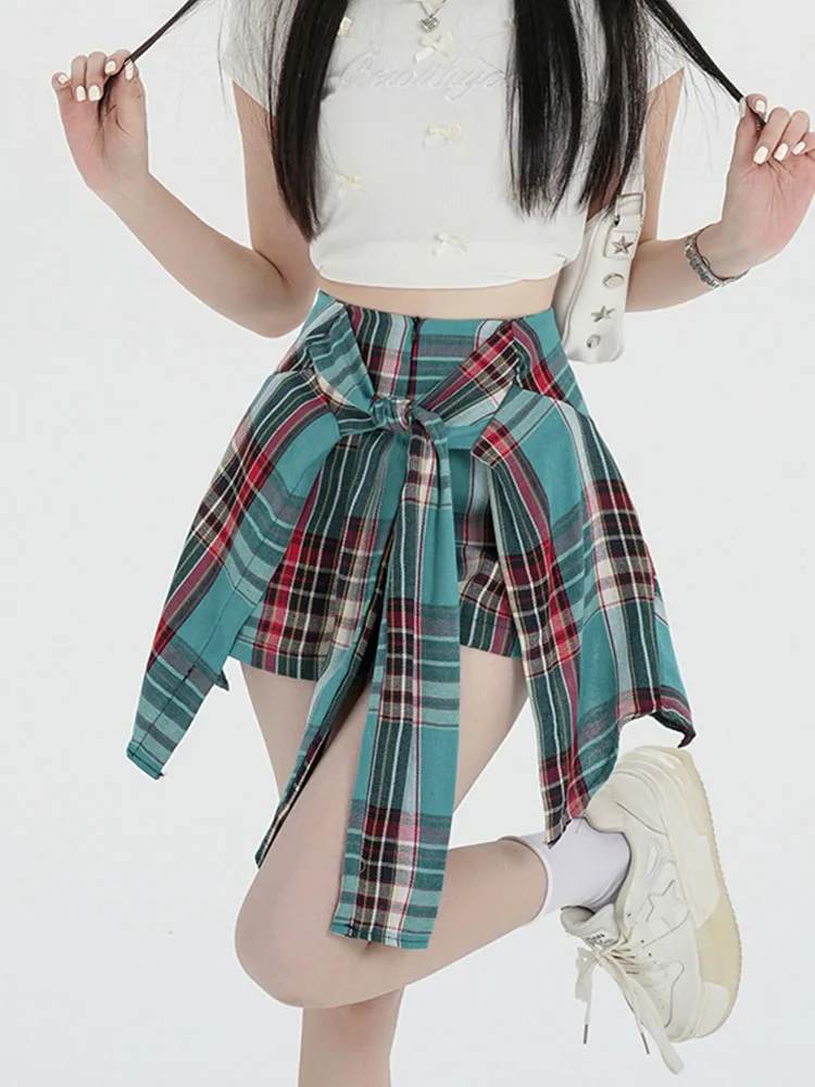 American Style Fashion Plaid Mini Asymmetrical Skirt Summer 2024 Vintage Beach Slim A-Line Skirt Women Coquette Gyaru Streetwear