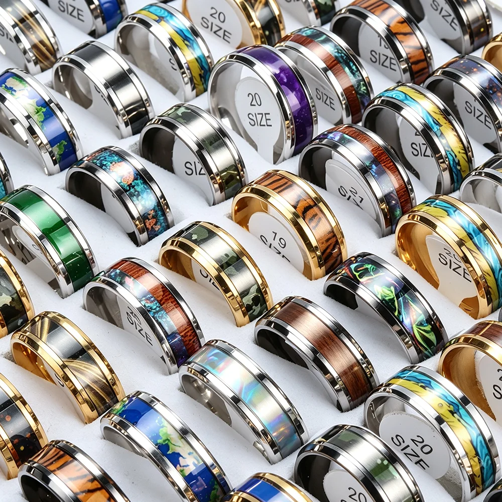 16Pcs/Lot Men's Green Aurora Nebula Double Beveled Stainless Steel Ring Wholesale Jewelry Party Gift
