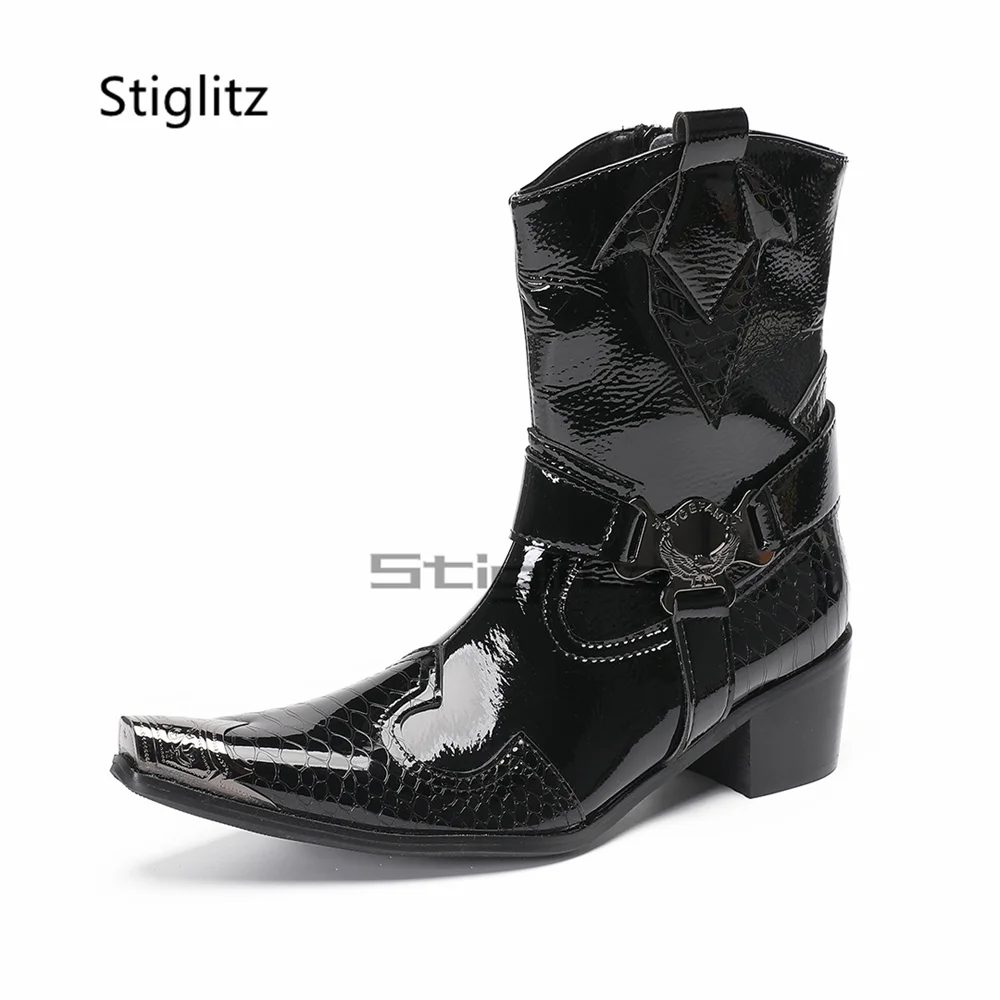 

Black Totem Cowboy Boots for Men Western Chelsea Boots High Heels Genuine Leather Patchwork Ankle Boots Metal Toe Male Shoes