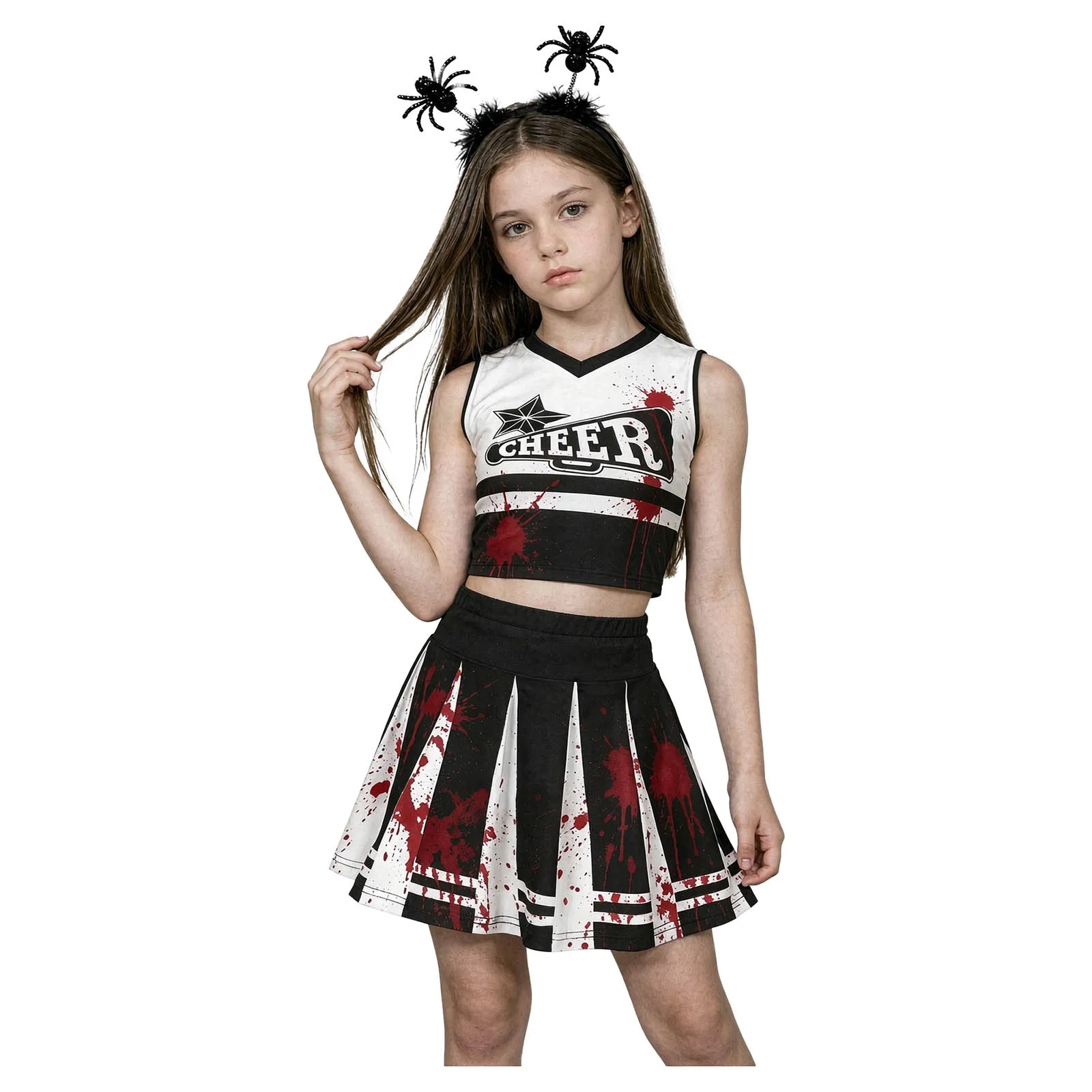 Kinder Mädchen Halloween Cheerleader Cosplay Kostüm Cheerleading Uniform V-Ausschnitt Crop Top mit Faltenrock Cheer Dance Outfit – Detail 10