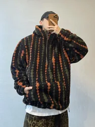 Retro Vertical Striped Autumn Winter Oversized Hooded Overcoat Men's Warm Velvet Loose Casual Half-zip Jackets Male Clothes