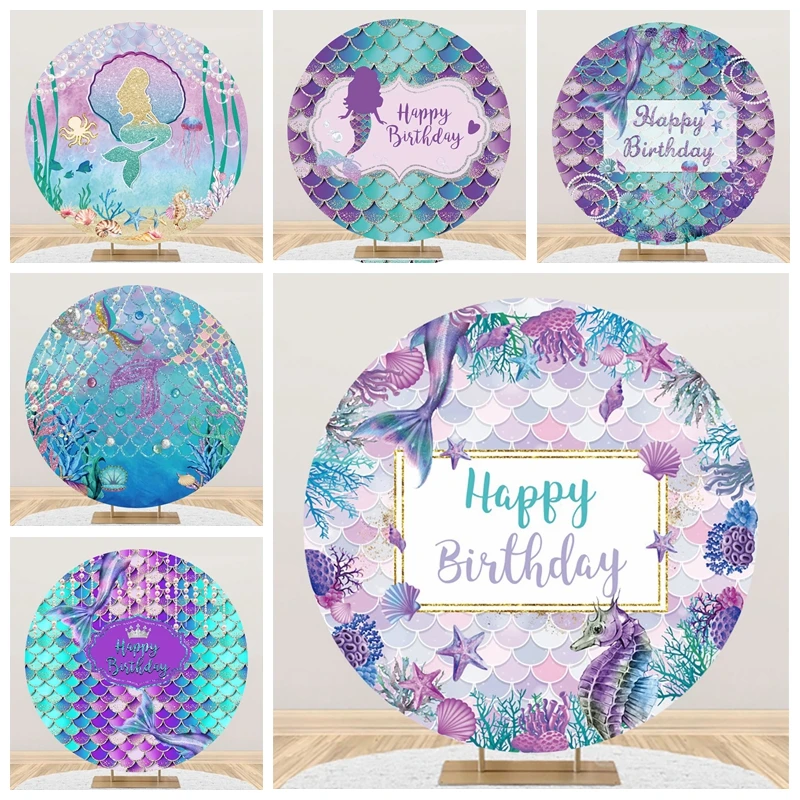 Baby Shower Mermaid Birthday Round Backdrops Cover Princess Portrait Photographic Circle Photography Backgrounds With Elastic