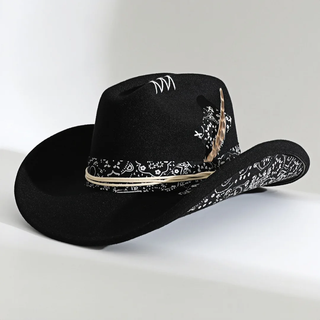 

2025 Western Cowboy Hat Stage Performance Jazz Hat European Vintage Bohemian Bowler Hat Chicken Feather Distressed Individuality