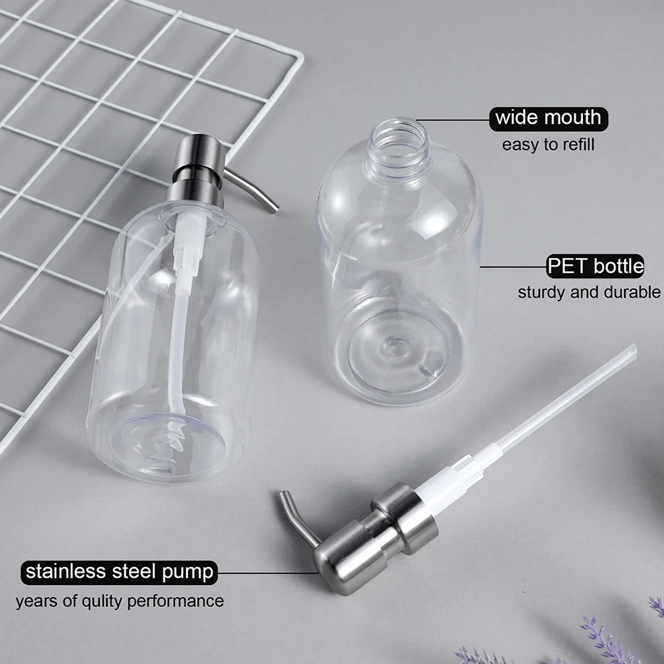 Clear Shampoo Conditioner Body Wash Dispenser Set with Heavy Duty Stainless Steel Pump Plastic Shower Soap Dispenser Bottles