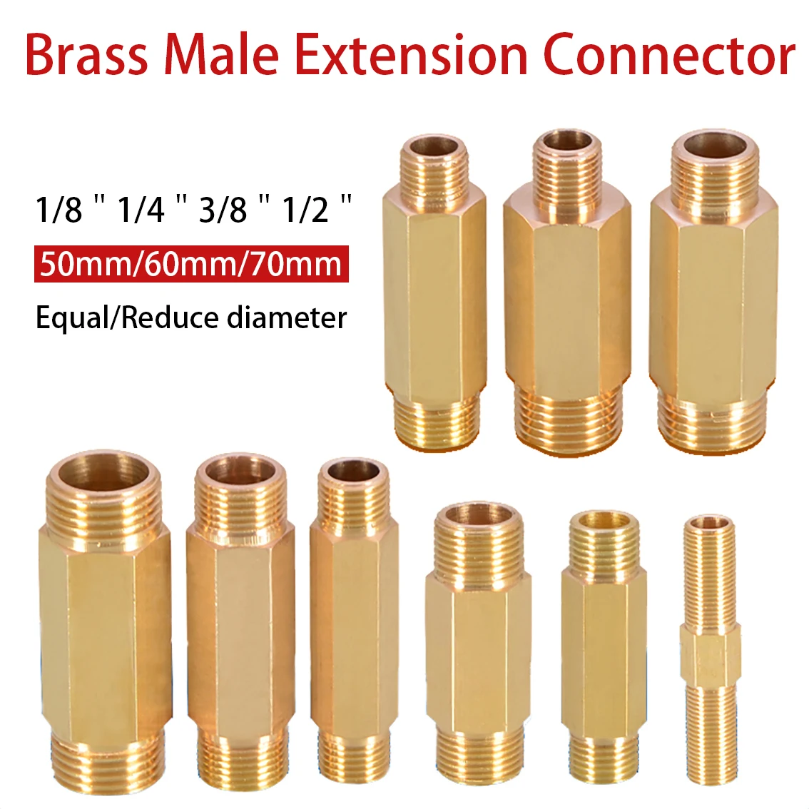 

50/60/70mm Brass Pipe Fitting Extension Connector 1/8"1/4"3/8"1/2" Male Thread Copper Joint Coupling Coupler Adapter Accessories