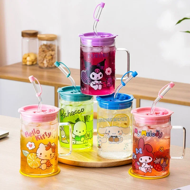 

Sanrio 600ML Glass Mugs with Straw Cute Cinnamoroll & Kuromi Transparent Water Cup with Scale Juice Milk Cups For Home/Office