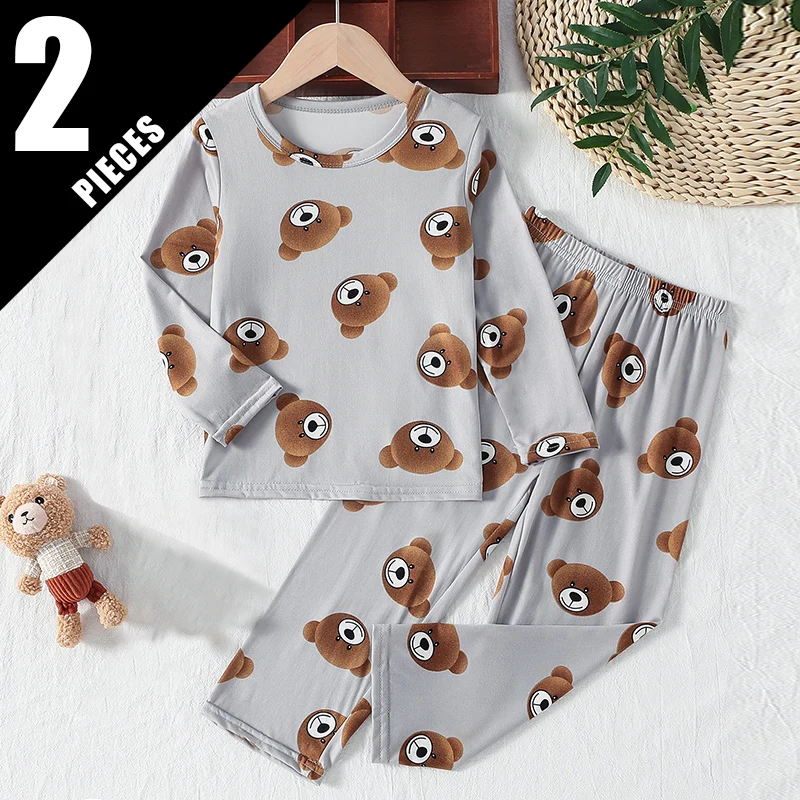 2Pcs Children's Set With Cute Cartoon Print For Spring/Autumn Long Sleeved Pants In Multiple Colors Suitable For Both Boys/Girls