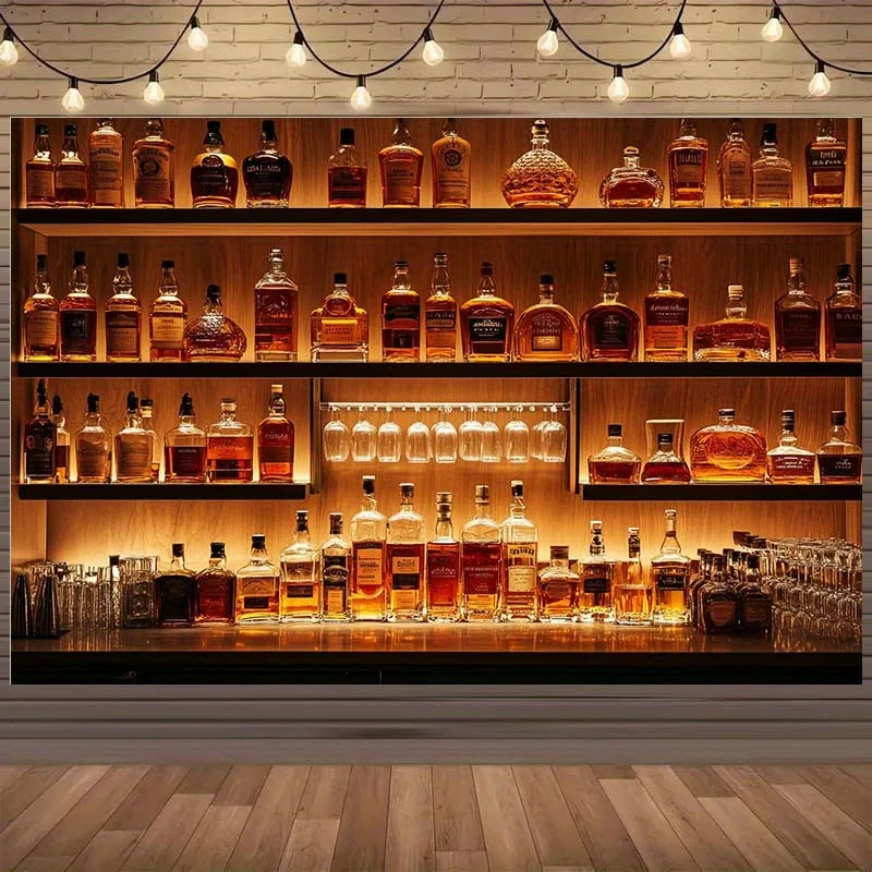 1 piece with whiskey bottle, bookshelf, and wooden floor retro bar theme background, suitable for photography and decoration