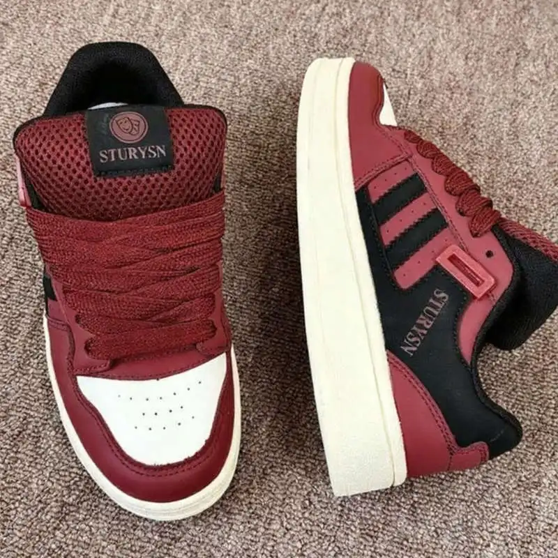 

Casual Sporty Women's Board Shoes Thick Bottom Red Wine Color Retro Style Fall Season New Fashion Canvas Shoes Low Top round Toe