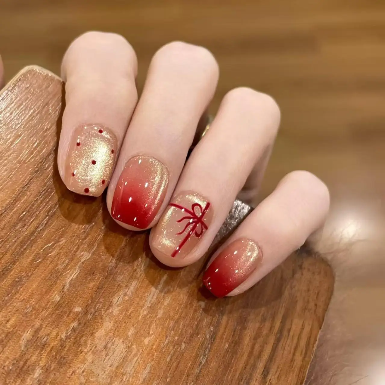 30pcs/set cat eyes fake nails for women gradient nude red colors with polka dots printing Square nail tips press on false nail