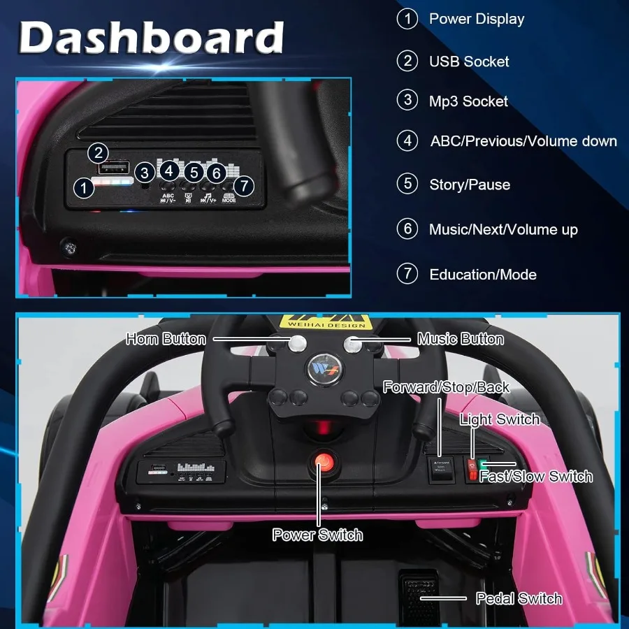 12V 레이서 고카트, 리모컨 포함 전동 승용완구, 스프링 서스펜션, 음악, LED 조명, USB 포트, 1.2-3.1 MPH 배터리