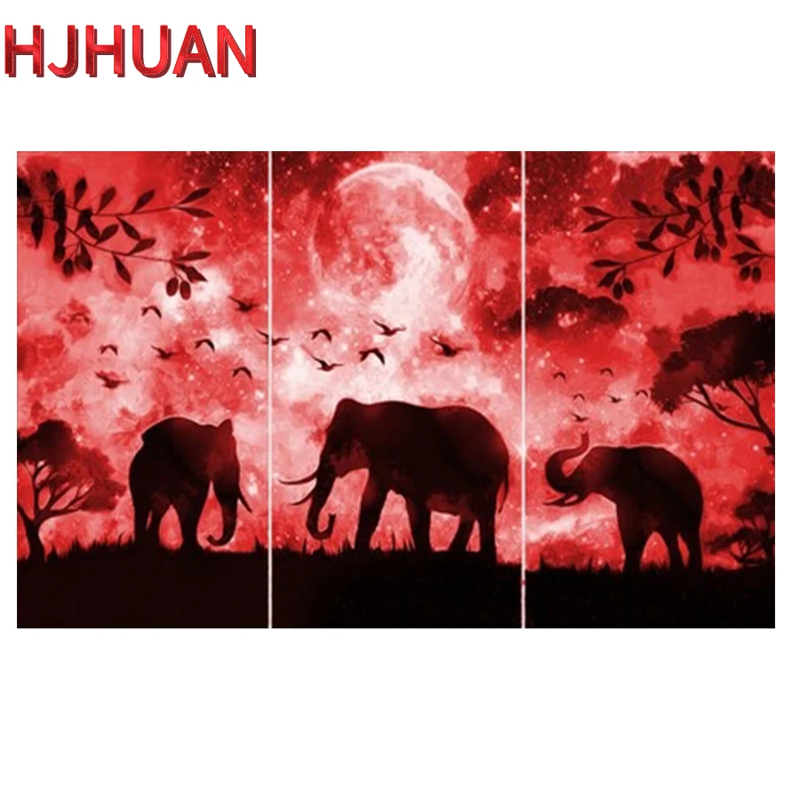 

3pcs New Year Gift Red sunset elephant Diamond Painting DIY 5D Full Square round Diamond Embroidery Diamond Mosaic Cross Stitch