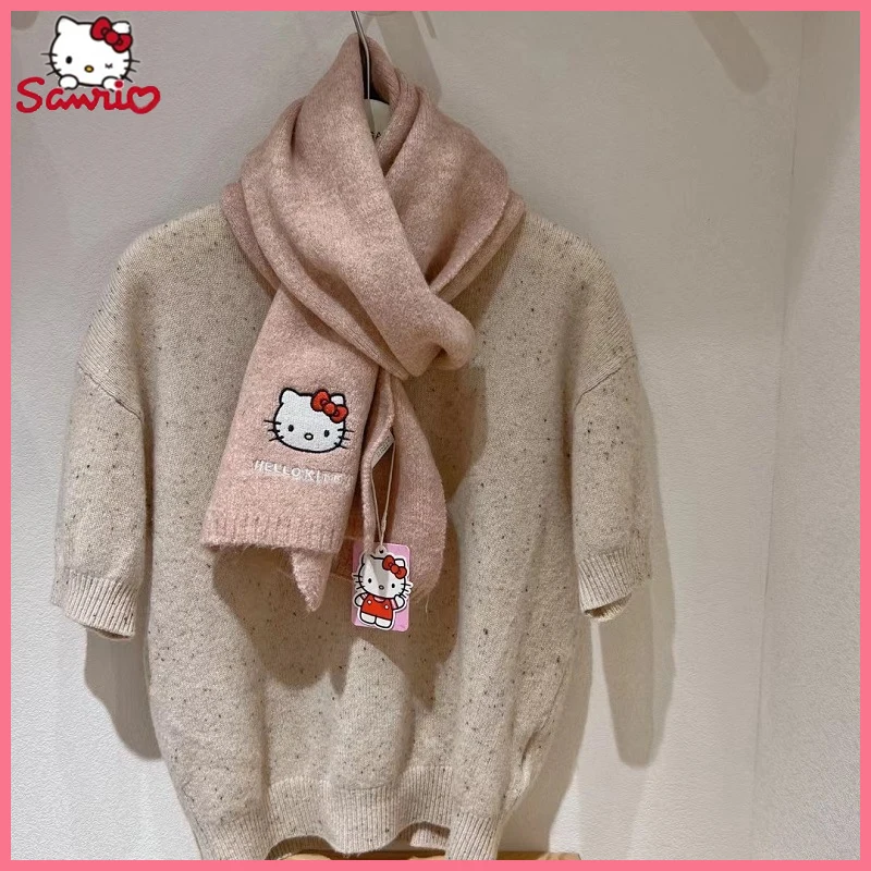 Soft Waxy Cute Sanrio Hellokitty Knitted Wool Scarf For Women Winter Warm Embroidery Day With Wool Bib For Girl Students Gift