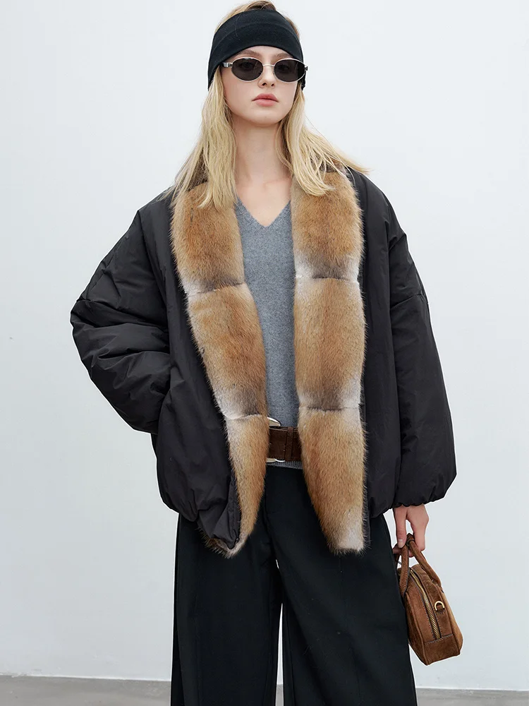 Winter Warm Puffer Jackets Women Real Natural Color Real Muskrat Fur Collar Goose Down Jackets Loose Thick Female Coats Outwear
