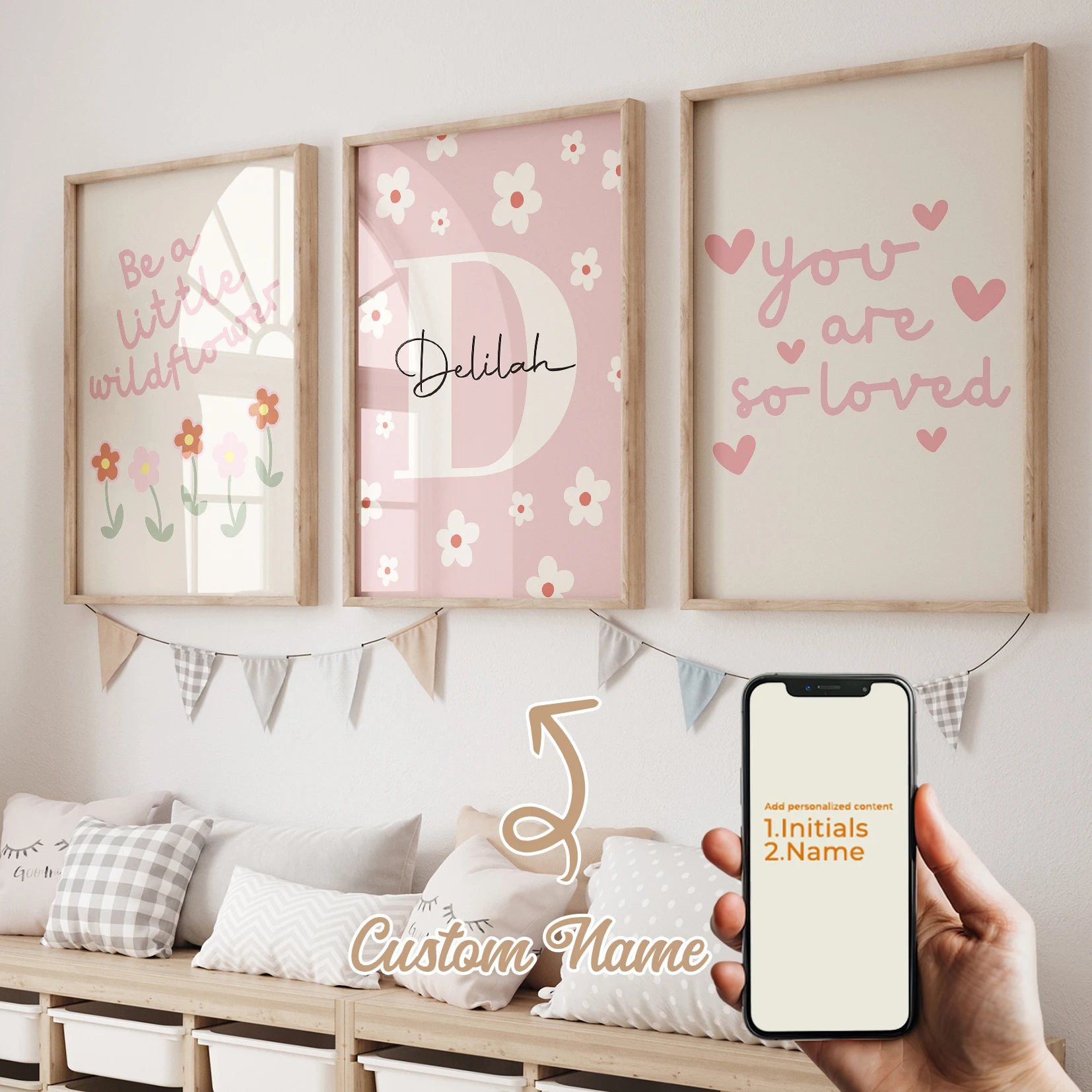 3-teiliges personalisiertes Leinwandbild mit individuellem Namen, Cartoon-Motiv, Gänseblümchen, Wandkunst, Poster, Gemälde für Wohnzimmer, Heimdekoration