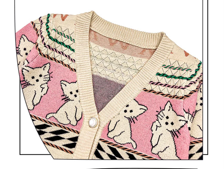 Vintage Kinder Cartoon Katzen Strickjacke für Mädchen Niedliche Mode Kinder Neue Frühlings-Strickkleidung Teenager Klassische Retro-Strickwaren – Detail 10