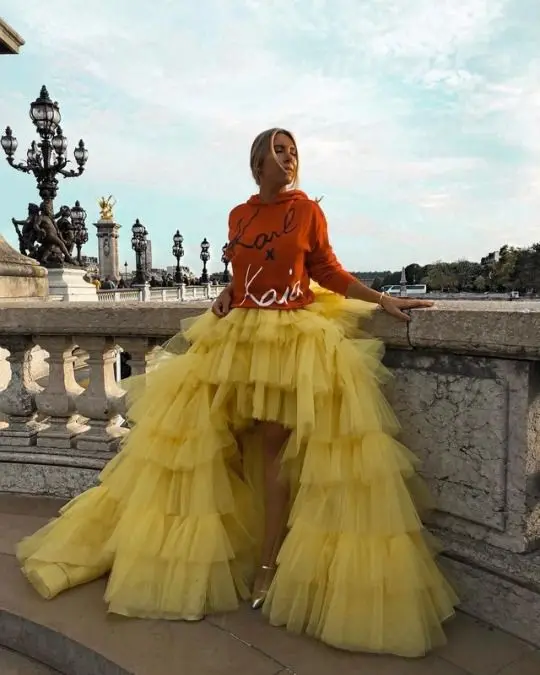 Fashion Yellow Ruffled Tulle Maxi Skirts Women  Lush High Low Tulle Skirts Bridal Bridesmaid Tulle Skirt Female Bottom