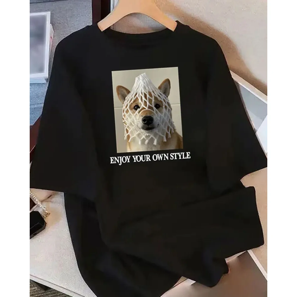 

Женская летняя повседневная футболка свободного кроя с игривым мультяшным собакой и футболка с принтом «Enjoy Your Own Style», топы с короткими рукавами, летняя футболка