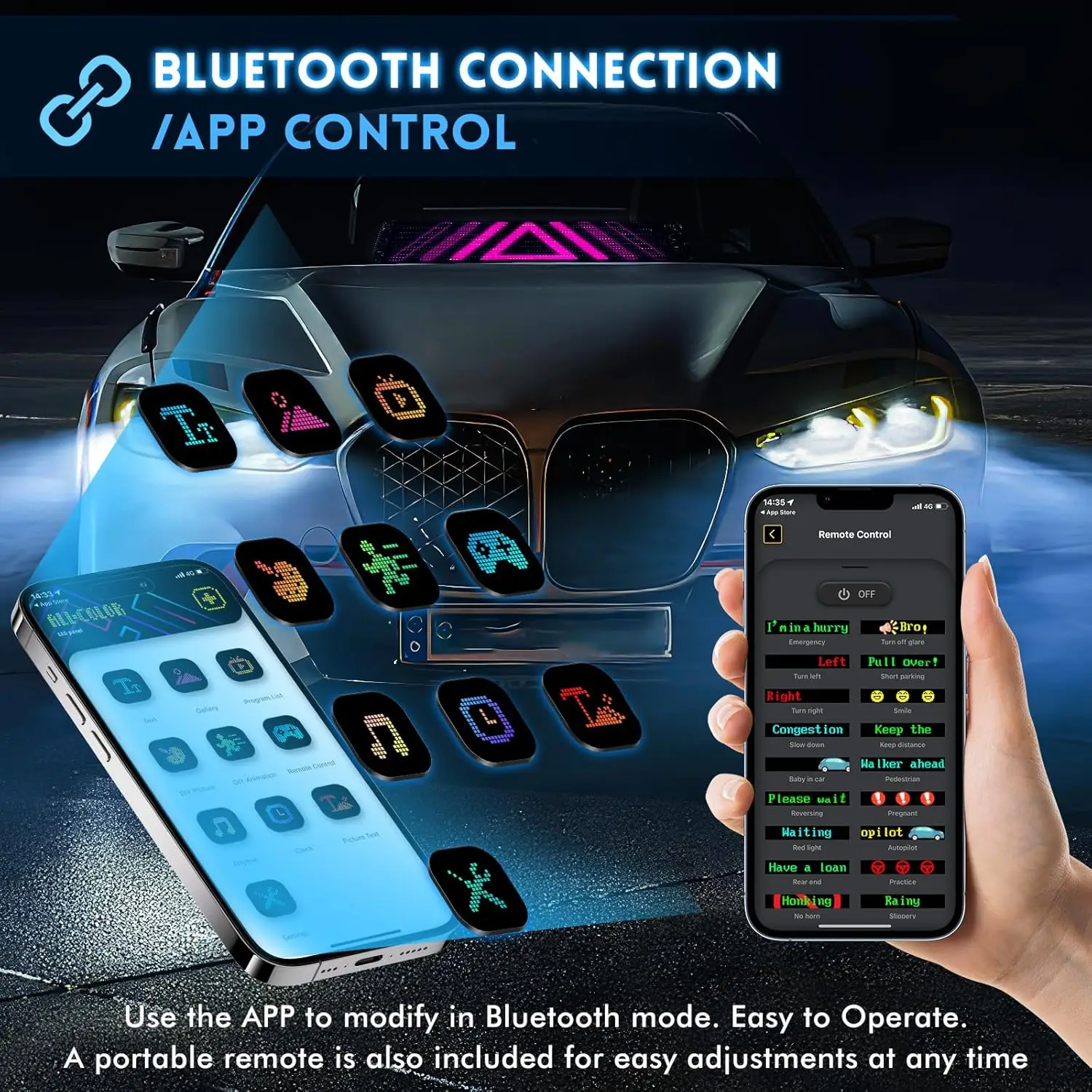 مرنة RGB سيارة الكتابة على الجدران التمرير النص الرسوم المتحركة متجر تذكير ضوء بلوتوث الشيطان العين LED مصفوفة بكسل لوحة عرض الشاشة #2