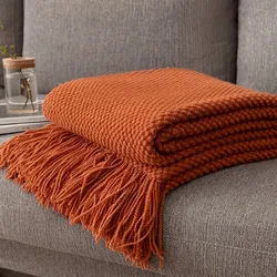 Orange Red Knitted Blankets Cable Cozy Plaids with Tassels Vintage Luxury Bed Sofa Couch Bedspread Cover Farmhouse Gift Blankets
