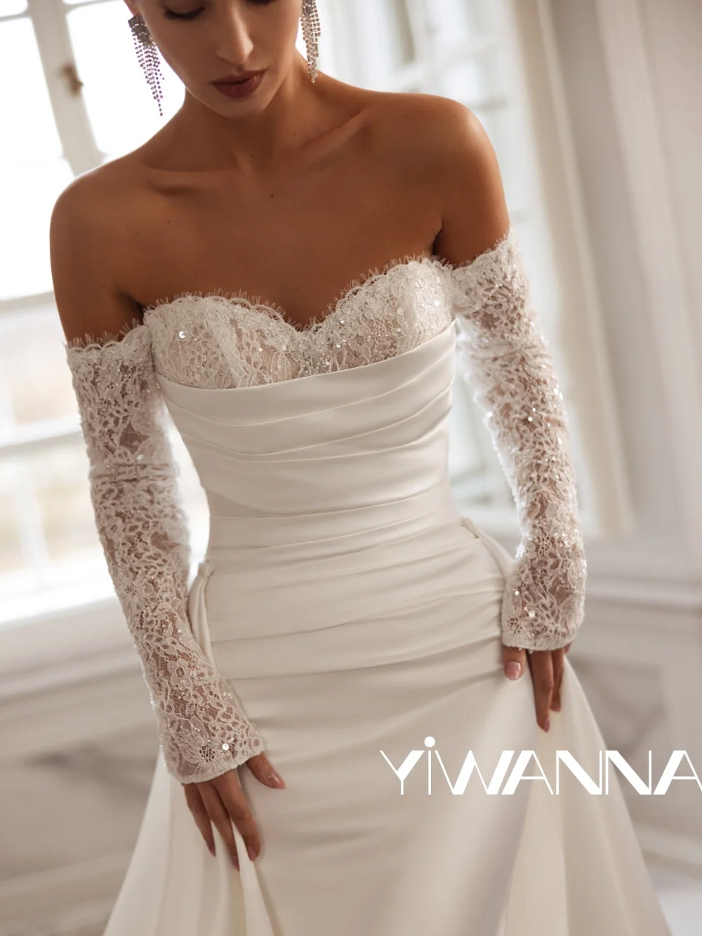

Satin Detachable Train Wedding Dress Shinny Beaded Off Shoulder Bridal Gown Customized Elegant Mermaid Long Dresses For Bride