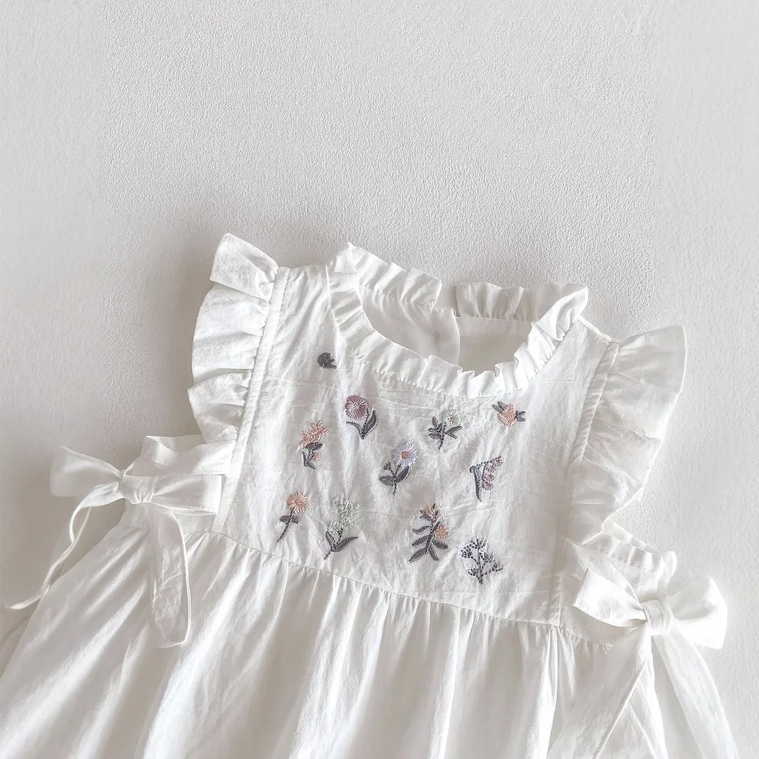 Summer Embroidered Floral Side Bow Sleeveless Thin Romper Dress for Baby Girls Children's accessories