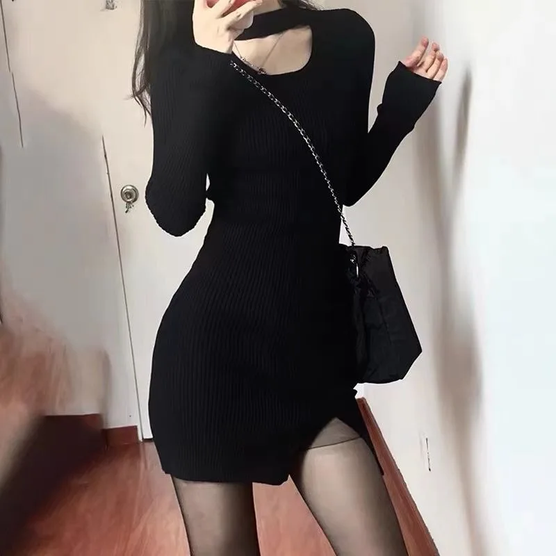 

SKMY Bodycon Dress 2026 Spring And Autumn New High Elasticity Temperament Slim Fit Nightclub Long Sleeve Hollow Out Sexy Dress