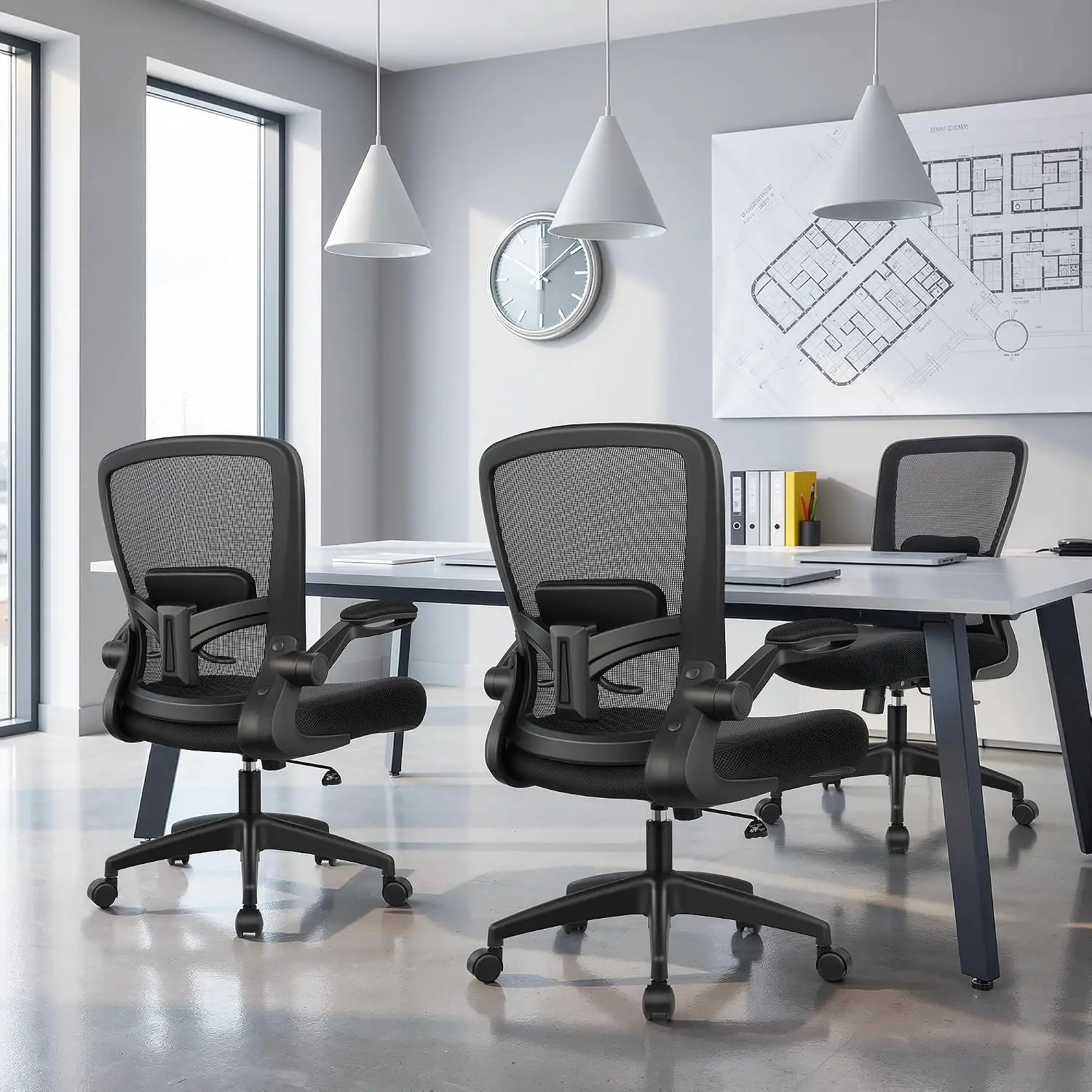 Ergonomic Mesh Office Chair with Lumbar Support, Adjustable High Back, Flip-up Armrests, Swivel Computer Desk Chair, Black view 2