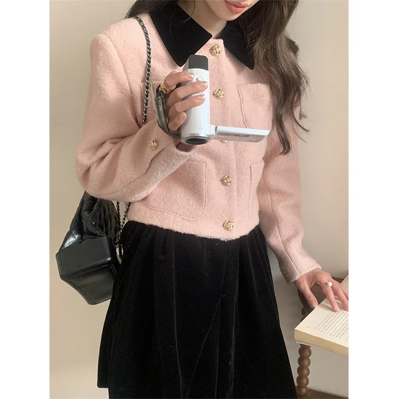 MEXZT Vintage Cropped Wool Blends Coats Women Sweet Pink Patchwork Jacket Winter Commute Woolen Overcoat Korean Chic Outwear New