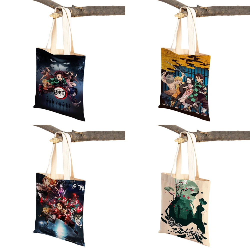 Demon Slayer Lady Shopping Bags Japan Anime Reusable Foldable Eco Canvas Women Shopper Bag Cartoon Travel Tote Handbag