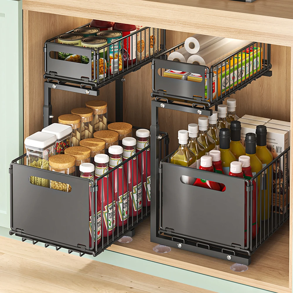 2-stufiger ausziehbarer Schrank-Organizer unter der Spüle, Gewürzregal, verstellbare multifunktionale Aufbewahrungsregale, Regal für Küche/Badezimmer