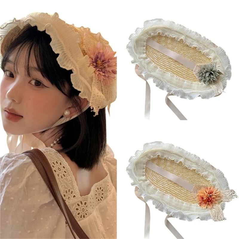 Lolita Headdress Lolita Hat Headpiece Lolita Hair Accessories Flat Top Hat Ruffle Lace Lolita Straw Hat With Strap Ribbon Flower