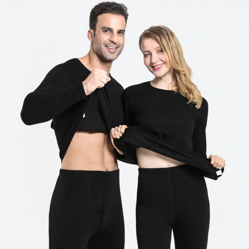 Shaggy Plush Lining Long Johns Top & Bottom Set Solid women and men Thickened Elasticity Trousers Comfort Thermal underwear set