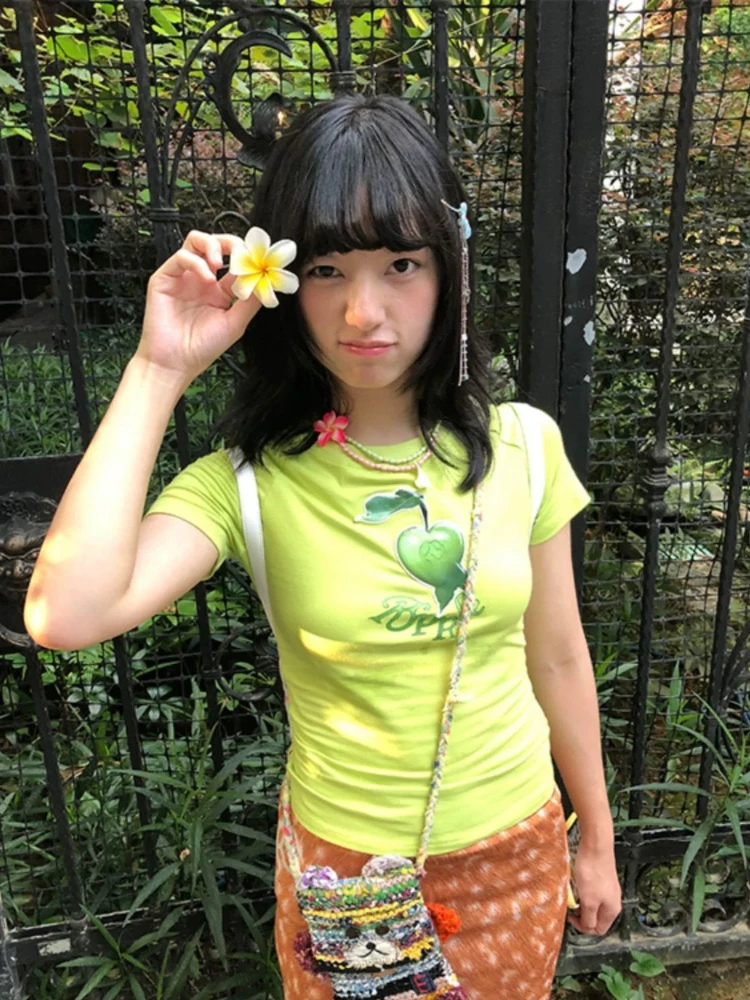 

Green Printed T-shirt Women 2025 Summer Short Sleeve Slim Fit Crop Top Spicy Girls Y2k Aesthetic Ropa De Mujer