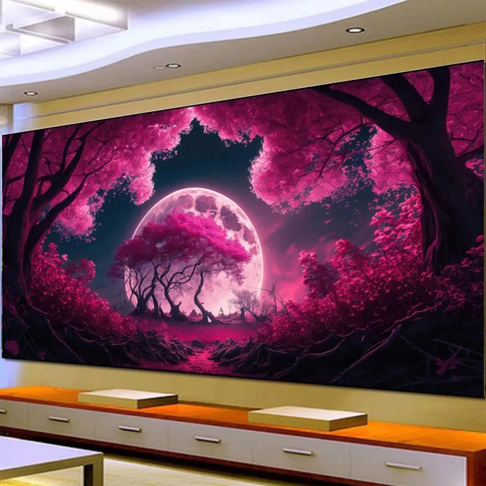 Romantic Pink Tree,Moon Night 5D Diy Full Square Round Drill Big Size Diamond Painting Mosaic Embroidery Cross Stitch Decor