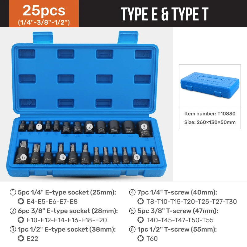 Hi-Spec 25PCS CRV E-type T-type long and short sleeve set screwdriver socket sets E-type screwdriver sleeves Hand tool