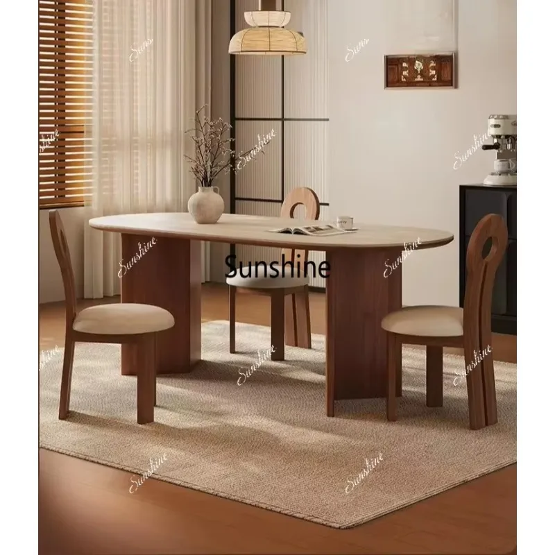 Modern Simple Home Small Apartment New Oval Walnut Dining Table and Chairs Medieval Solid Wood Travertine Rock Slab Dining Table