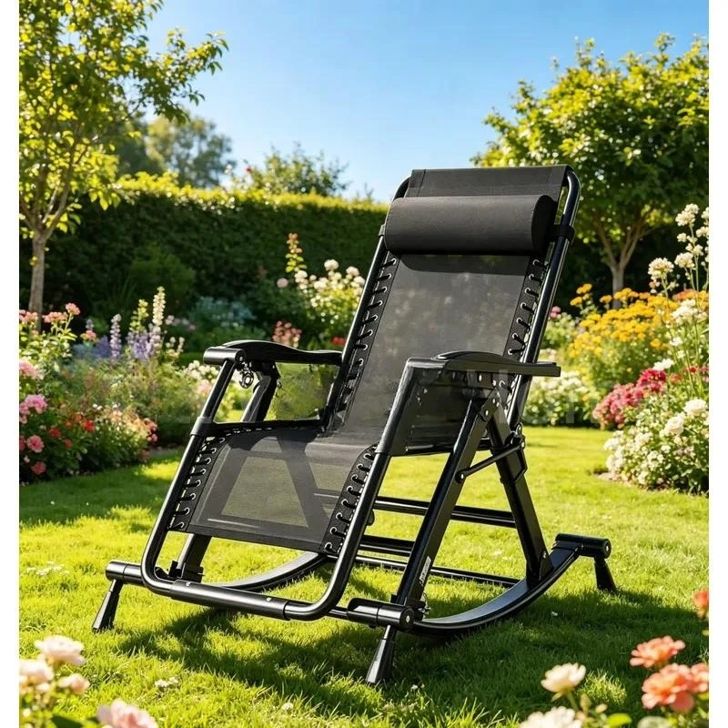 Adjustable Reclining Rocking Chair with Stainless Steel Frame Breathable Mesh Modern Foldable Portable