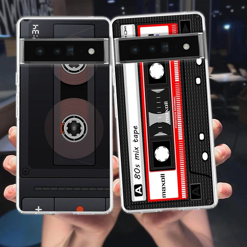 Mixtape Vintage Magnetic Tape Cassette Audio Phone Case Cover for Google Pixel 8 7 6 5 4 4XL 7A 6A 5A 4A 3A 5G Transparent Shell