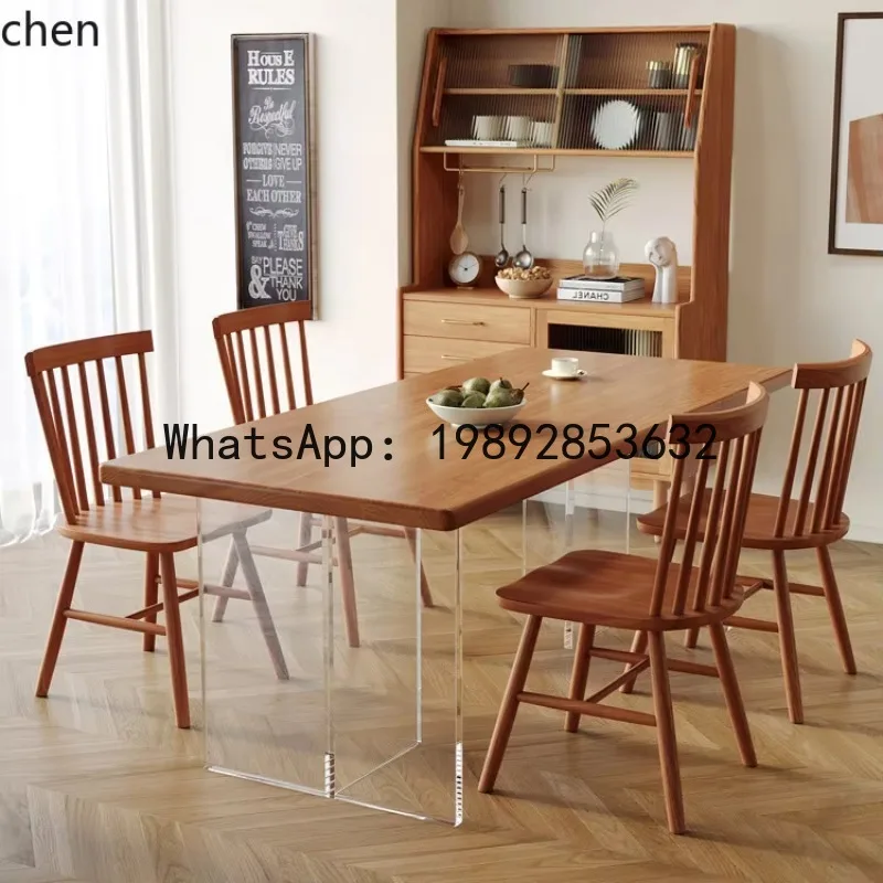 X7  Solid Wood Dining Table Suspended Acrylic White Wax Wood Dining Table and Chair Combination