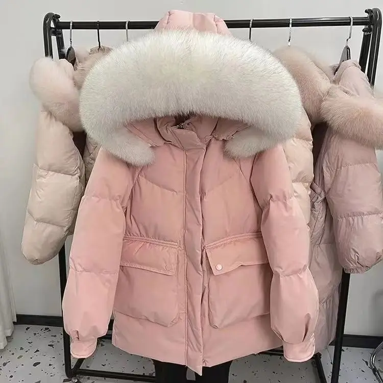 Zimowa nowa damska kurtka puchowa, luźna parka z kapturem