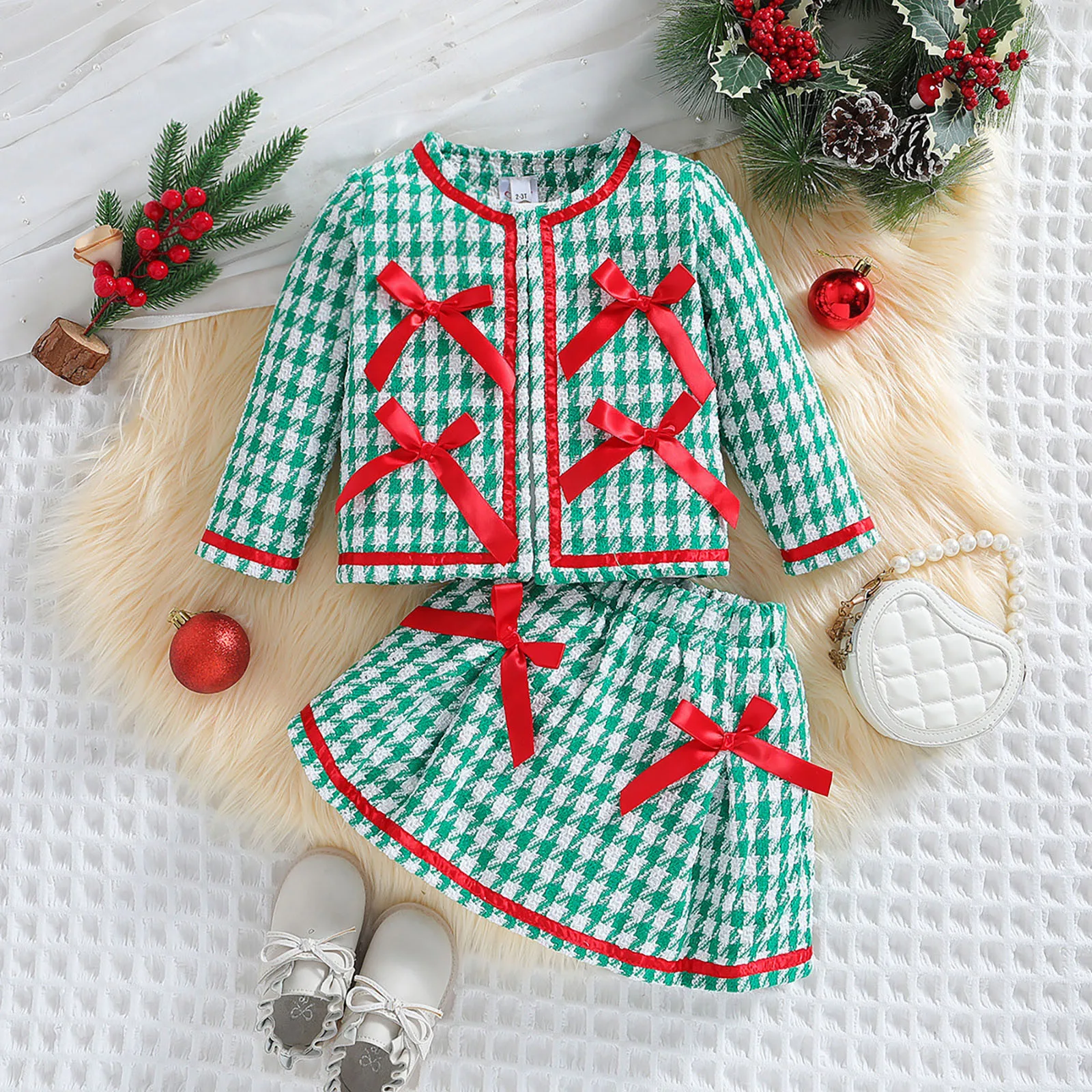 Autumn And Winter New Girls' Christmas Set Children's Red Green Checked Coats Skirt Set Two Piece Outfits Girls Clothes Sets