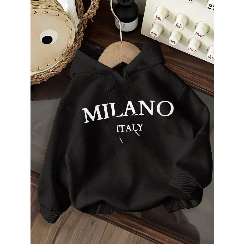 

Casual Simple MILANO Print Pattern Jumper Hooded Loose Version Sweatshirt Women's Back-to-school Autumn and Winter Clothing