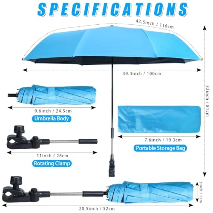 Beach Chair Umbrella with Clamp, Portable Clip on Umbrella for Outdoor Chairs, Adjustable UPF50+ Sun Shade Umbrellas for Beach
