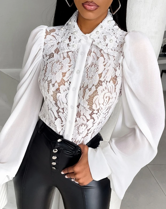 Women's White Shirt 2024 Spring Lace Patch Beaded Lantern Sleeve Top Semi-Sheer Turn-Down Collar Fashion Long Sleeve Blouses